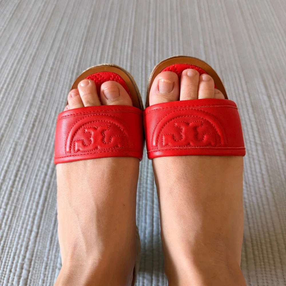 NEW Tory Burch Women's Ines Red Leather Espadrille Platform Slide Sandals 6.5M